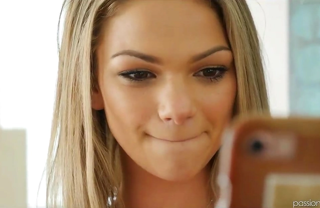 Sexy blonde invites the delivery boy to come on over, fuck her and cum on her cute face