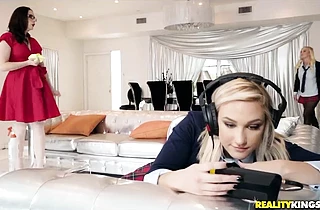 Perverted lesbo MILF makes two schoolgirls eat her friend’s pussy then she joins in on the lesbo fun