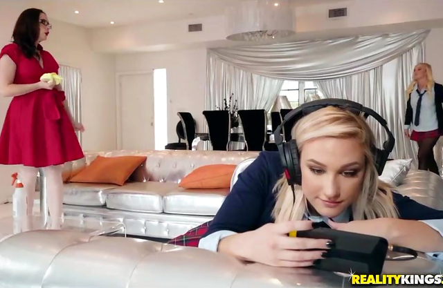Perverted lesbo MILF makes two schoolgirls eat her friend’s pussy then she joins in on the lesbo fun