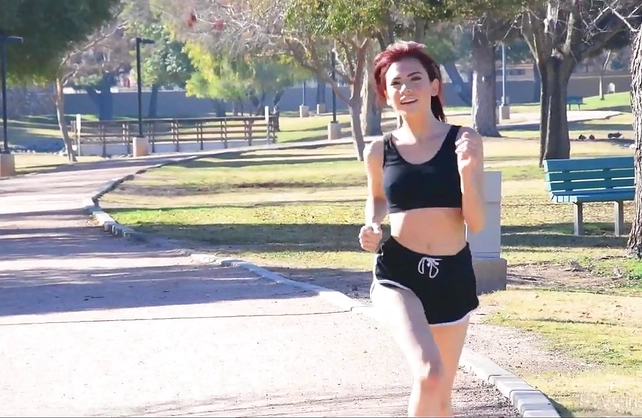Beautiful young redhead girl loves jumping on her yoga dick-ball