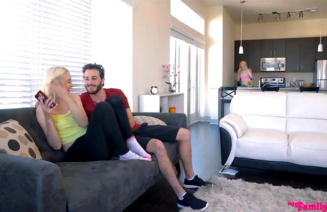 Sisters and their stepbro are on the couch having sex behind their parents’ back