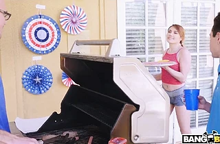 4th of July threesome! Horny MILF seduces her stepdaughter’s boyfriend during a family barbeque!
