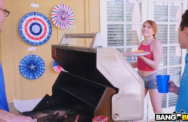 4th of July threesome! Horny MILF seduces her stepdaughter’s boyfriend during a family barbeque!