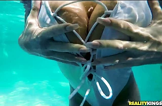 Sexy badass tattooed chick with big tits fucks in the pool and even under water