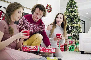 Hot MILF has a holiday threesome with her sexy step daughter and her boyfriend