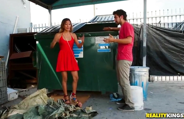 Homeless dude fucks this sexy babe while her husband looks for her wedding ring in the dumpster