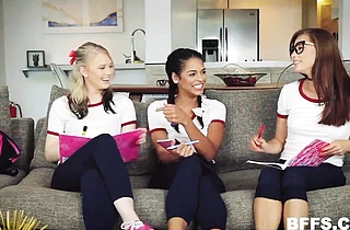 Three hot high school girls invite the new foreign boy over to study and fuck!