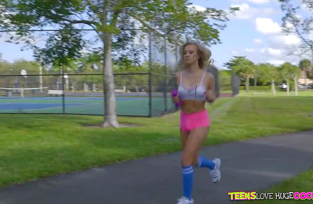 This sexy teen keeping her perfect body in shape ends up fucking at my place!
