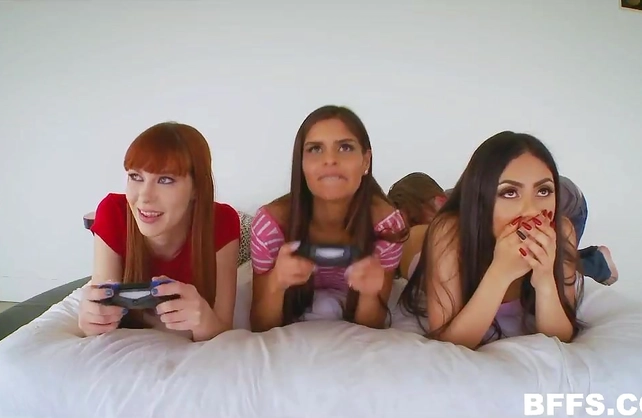 My step sister and her besties play video games while I play with their wet pussies!