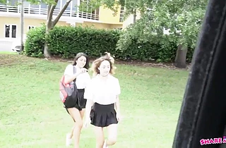 Banging my GF and her school friend in my car after they skip classes!