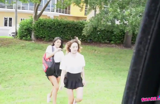 Banging my GF and her school friend in my car after they skip classes!