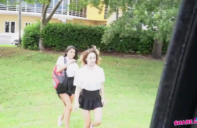 Banging my GF and her school friend in my car after they skip classes!