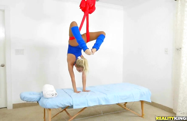 Naked girl gives an incredible inverted spinning blowjob and gets fucked on a swing