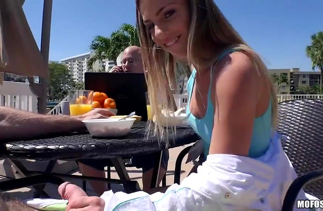 Hot teen girl having sex with her stepbrother right behind her father’s back