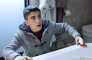 Young boy loses his virginity in the tub with his friend’s busty mom