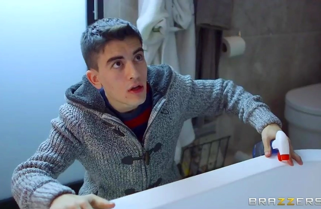 Young boy loses his virginity in the tub with his friend’s busty mom