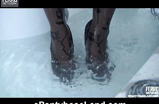 Wet girl masturbates her pussy in the shower through a hole in her pantyhose