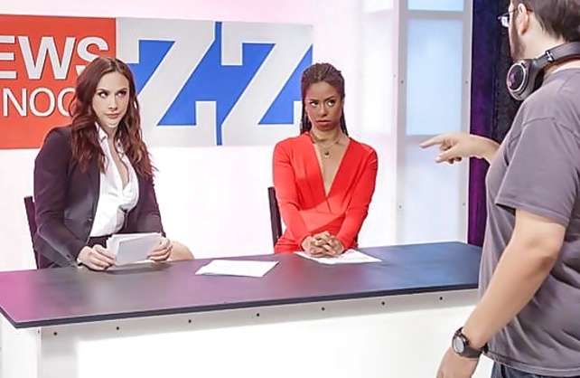 Flirtatious naked white and Ebony news anchors score one another live