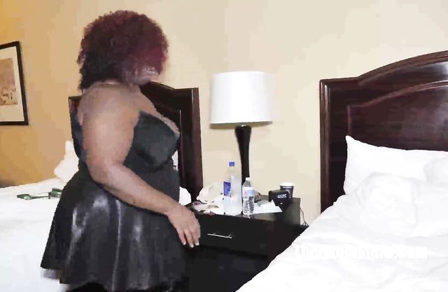 Guy comes to visit Ebony BBW and introduces his naked cock to her twat