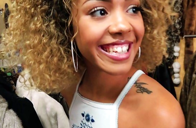 Black girl with curly hair and tiny naked tits deals with big white cock
