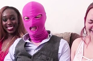 Ebony man and masked friend naked in front of strange GFs who want anal