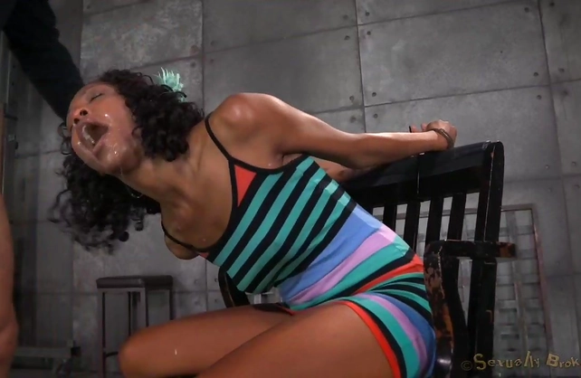 Tied up ebony bitch is forced to suck cock and gets fucked hardcore