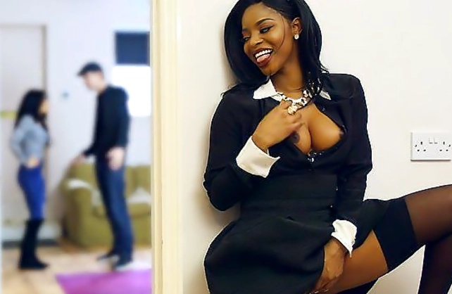Ebony bitch wearing lingerie gets fucked hard and jizzed on her eyeglasses