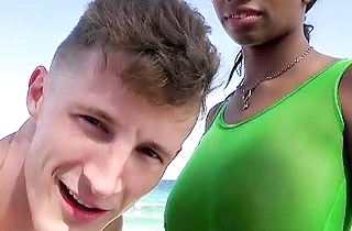 Chubby ebony woman with big tits grinds on a cock in interracial sex action