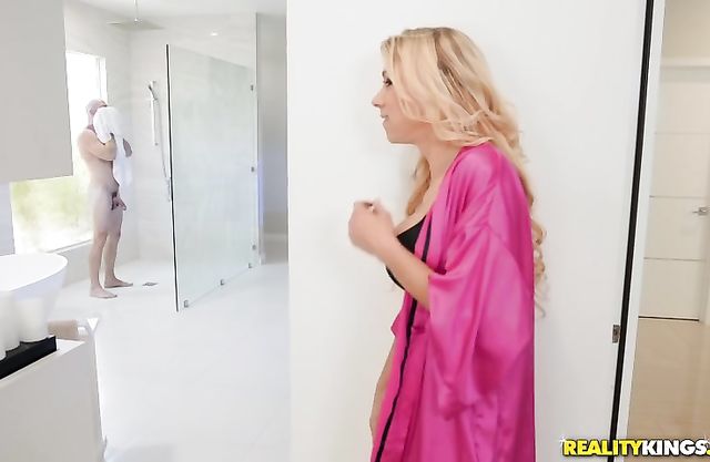 Sexy naked stepmom spies on stepson taking the shower