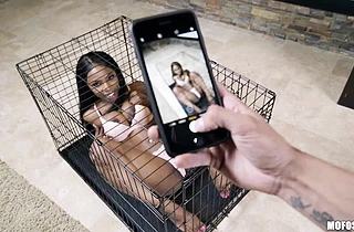 Naughty cameraman fingers black chick's naked snatch through cage
