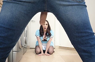 Aroused maid gladly wraps lips around master's naked tool in laundry