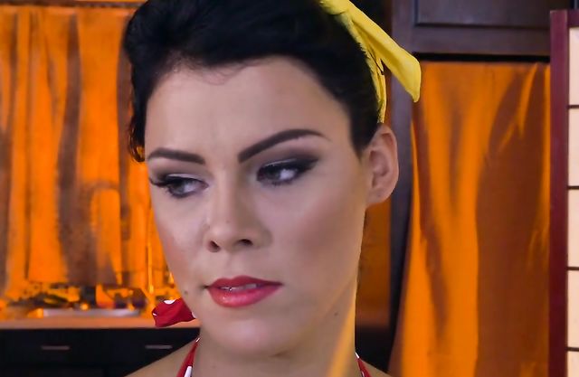 Sultry pin up maid makes boss' driver horny with naked cleavage