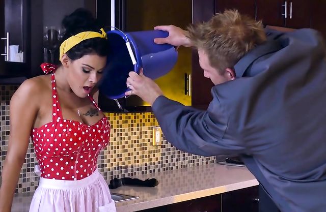 Pleasurable pin up maid doesn't resist boss getting her naked and touching tits