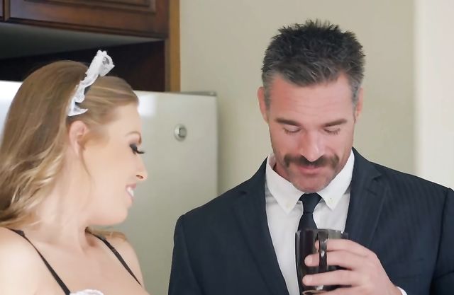 Sybaritic pin up maid wears naked uniform and boss can't take eyes off of her