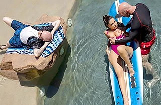 Naked Latina girl cheats on husband with surf instructor by the pool