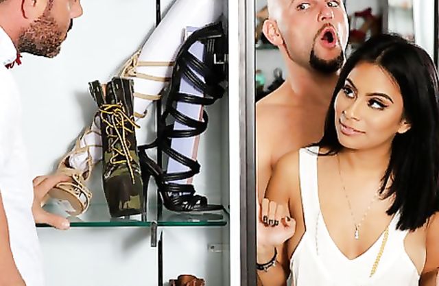 Athletic man doesn't know brunette girl cheats on him with naked salesman