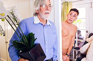Boy pleases half naked girl with powerful frictions in marital bed