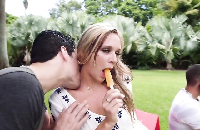 Girl lights up naked fire in man sucking ice-cream so he takes her inside for sex