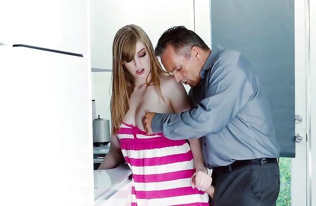 Stepdad helps girl pull hand out of sink and drills hairy naked pussy