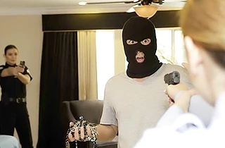 Police girls catch burglar and force to drill their naked snatches