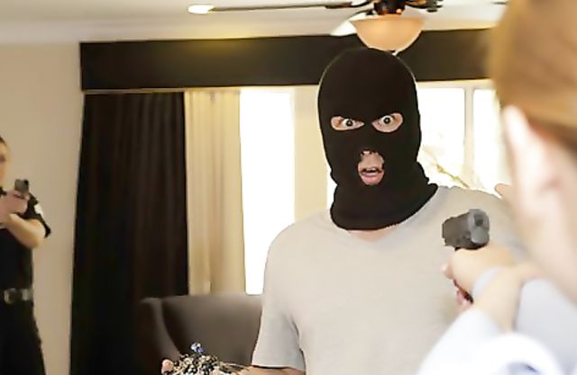 Police girls catch burglar and force to drill their naked snatches