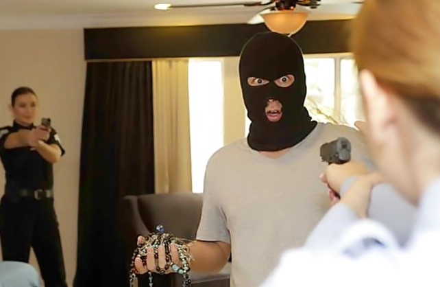 Police girls catch burglar and force to drill their naked snatches