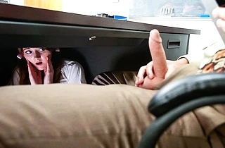 Girl with red hair tempted by teacher's naked cock and fucked in classroom