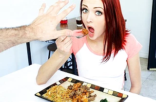 Tiny red-haired girl adores breakfast with naked penis as dessert