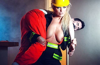 Blonde firefighter girl saves naked boy and all ends with hot sex