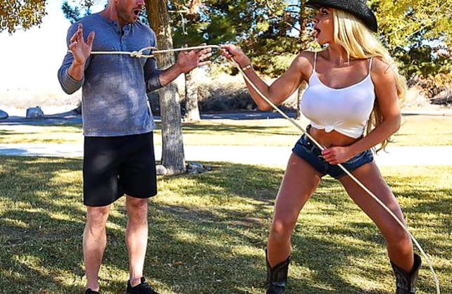 Busty blonde girl catches bald stranger for naked fun at her place