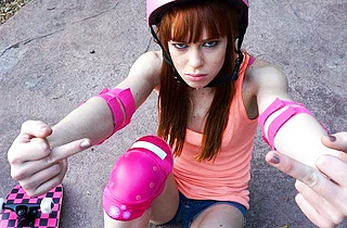Skinny girl falls from skateboard and this leads to naked sex with BF