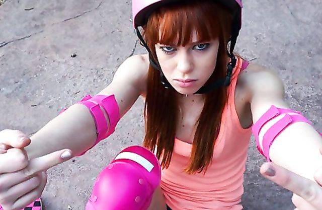Skinny girl falls from skateboard and this leads to naked sex with BF