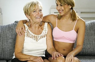 Old woman and pigtailed girl practice naked asslicking in HD video