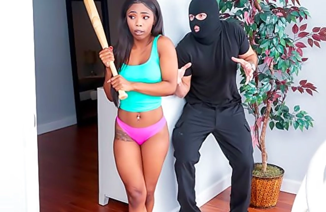 Robber in mask catches Ebony girl and treats pussy with naked dick